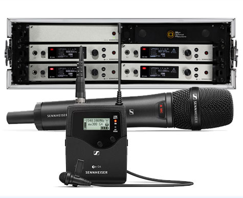 Sennheiser G4 300 Series (Ch.38) 4-way rack â€“ supplied with ME2-US Lavalier / Tie Clip or 835 handheld microphones, aerial distribution, aerials, cables and stands.